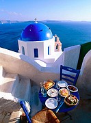Greece, Cyclades, Santorini Church. on the Caldeira at Oia, Greek food, Greek salad & Mezzes