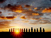 Moais at dawn. Ahu Tongariki, Easter Island. Chile