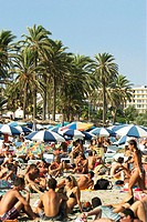 People at Bora-Bora beach, Platja d´en Bossa. Ibiza, Balearic Islands. Spain