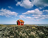 Small hut at the coastline of the Baltic Sea. Tjust Archipelago, Sweden, Scandinavia, Europe.