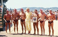 Princess Diana of Wales with Australian Lifesavers on beach, 1988