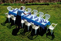 Preparing the dining table outside in the garden on the lawn for a meal with blue plates and glasses, and blue tablecloth. Denmark, Scandinavia