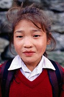 Nepalese girl in school uniform. Phakding, Khumbu, Nepal