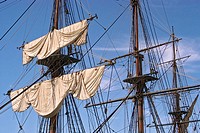 Sails and rigging. H.M.S. Surprise, the ship in the film Master and Commander: The Far Side of the World. Maritime Museum of San Diego. San Diego. Cal...