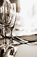 Glasses and silverware at a wedding reception. Moret-sur-Loing near Paris. France