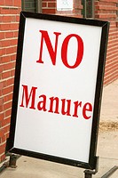 ´No Manure´ sign outside horse barn at State Fair, Indianapolis, Indiana, USA