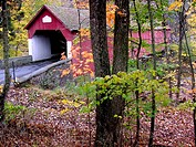 Tucked away in the Pennyslvania countryside, a covered bridge is surrounded by autumn foliage. Tinicum Township, Upper Bucks County