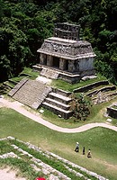Temple of the Sun from the Group of the Temples of the Cross, Palenque, Mayan archaeology, pre-Hispanic pyramid architecture of Latin America, Chiapas...