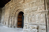 Main façade, Romanesque monastery of Santa María de Ripoll (12th century), Ripollès. Girona province, Catalonia, Spain