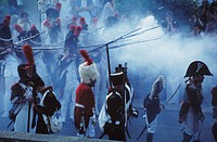 These soldiers re-enact a big street battle in Ajaccio. Napoleon birthplace, Corsica island, France