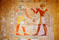 Pharaon offering to Horus. Hatshepsut temple, Deir el-Bahari. Luxor. Egypt.