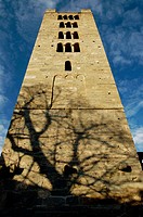 The tower of the St. Orso church with the shadow of a tree, Aosta. Valle d´Aosta, Italy