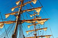 Sailors in the rigging of the Mexican navy training ship Cuauhtemoc at San Diego Harbor, California.