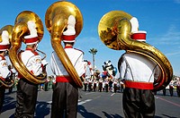 Sousaphone players practicing before the Big Bay Balloon Parade. San Diego, California.