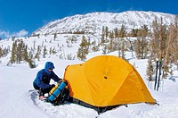 Skier and Yellow dome tent in a backcountry ski camp in Little Lakes Valley, Inyo National Forest, Sierra Nevada Mountains, California