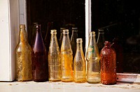 Row of old bottles Peggy´s Cove; Nova Scotia; Canada