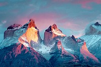 South America, Chile, Patagonia Torres del Paine National Park Cuernos del Paine at sunrise