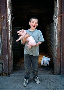 11 year old boy and pigglet on Scottish farm