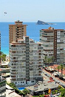 Benidorm island as seen from the buildings in front. Benidorm. Costa Blanca. Alicante province. Spain