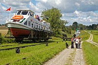 A system of rail-mounted cable trolleys on skipways and traditional locks are connecting the various sections of the Elblag Canal. A 100 metre differe...