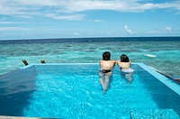 Seascape in water villa swimming pool. Maldives Island, Indian Ocean.
