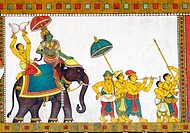 Murals of Thiruvilayadal Puranam (Lord Shivas Game, the collection of 64 stories, composed by Paranjyoti Munivar) in Sri Meenakshi Temple walls near G...