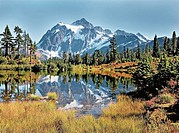 Mt. Shuksan reflecting in Picture Lake at the Mt. Baker Ski Area in the autumn, Washington State, USA