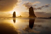 The Needles at sunset. Cannon Beach. Northern Oregon coast. USA.