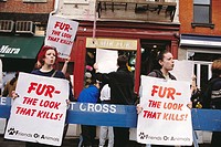 Animal rights activists demonstrating outside a fur retailer, protesting the use of animal skins to promote personal vanity. New York, USA