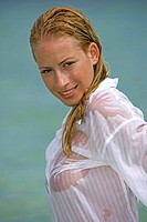 woman, young, blond, lake,clothing, blouse, wet, portrait,