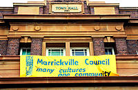 Multicultural sign on Marrickville Town Hall facade. Sydney. Australia