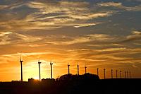 Iowa wind farm near Williams, Iowa, USA at sunset