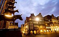 Statue of the Town Musicians of Bremen in Marktplatz, Bremen. Germany