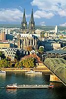 view over thr river Rhine to Cologne Cathedral and Museum Ludwig, right Hohenzollern bridge, Cologne, Northrhine-Westfalia, Germany