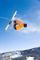 Man in ski jump, Near Sun Valley, Idaho, USA.