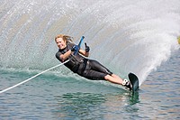 Woman waterskiing, Bellevue, Idaho, USA.