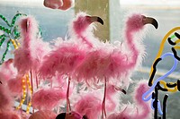 Pink feather Flamingos in a gift shop window.