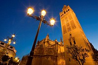 Giralda tower and cathedral at night, Sevillla. Andalucia, Spain.