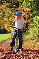 boy on his bicycle, standing still and looking in to the distance, on road with leaves in fall, autumn foliage covering path in forest, autumn, fall, ...