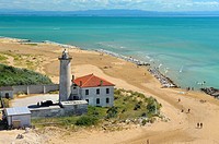 Aerial view of lighthouse of Bibione. In the background the coast of Friuli.
