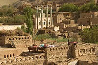 Mosque in the small village of Tuyoq, with beds on the rooftops, near Turpan (Along the Silk Road), Xinjiang Provance, China.