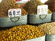 Raisins, almonds and pistachio nuts for sale at market in Dunhuang (Along the Silk Road), China