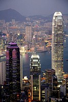China, Hong Kong, Victoria Harbour, skyline at night, International Financial Centre