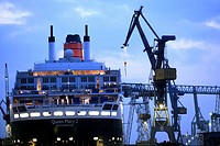 Queen Mary II laying in the dry dock of a Blohm & Voss shipyard in Hamburg, Germany, Europe