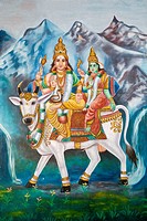 Lord Shiva and Parvathi on Rishaba- Painting in Katchabeswarar Temple, Kanchipuram, Tamil Nadu.