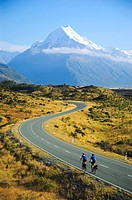 Cyclist riding to Mt Cook New Zealand