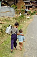 Brothers walking near Besisahar, Nepal