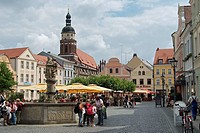 Altmarkt (old market square) with St. Nicolas church in background, Cottbus, Brandenburg, Germany