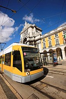 Electric tramway in Praça do Comercio square, Lisbon, Portugal