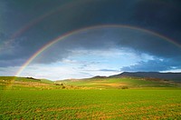 Rainbow over fields. La Rioja, Spain